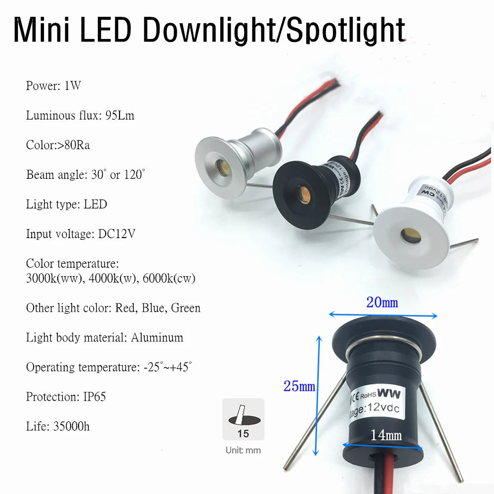 1W Mini LED Recessed Spotlight — 12V Dimmable IP65 15mm (0.59 in) Cutout 30°/120° Showcase & Ceiling Downlight