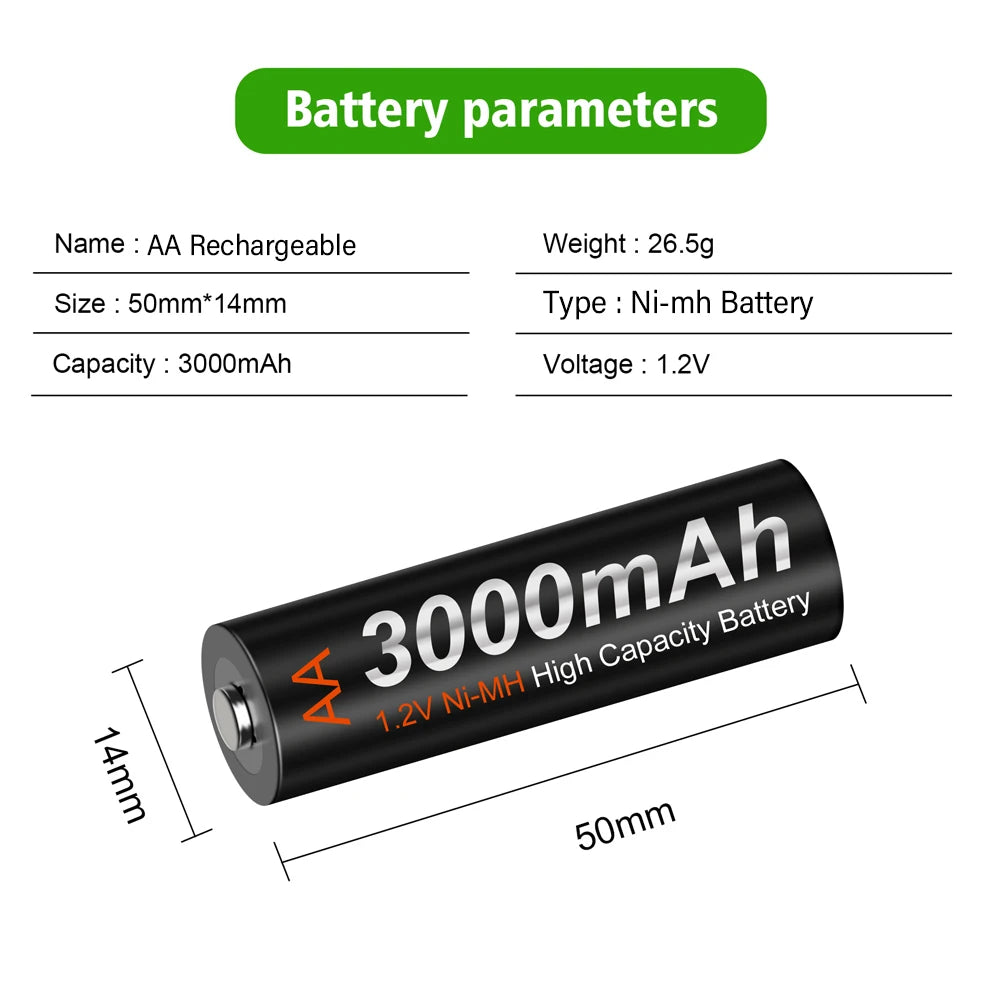 AA Ni-MH Rechargeable Battery 1.2V 3000mAh Low Self-Discharge Pre-Charged for Cameras and Electronics