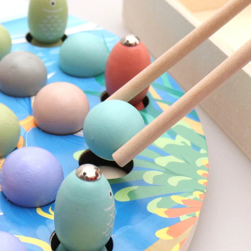 Montessori Wooden Math Toy - Magnetic Fish Puzzle & Bead Counting Clip for Kids