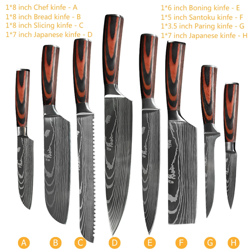 Chef Knife Set 1-10 Pc - Laser Damascus Pattern Japanese Santoku, Cleaver, Slicing and Utility Knives