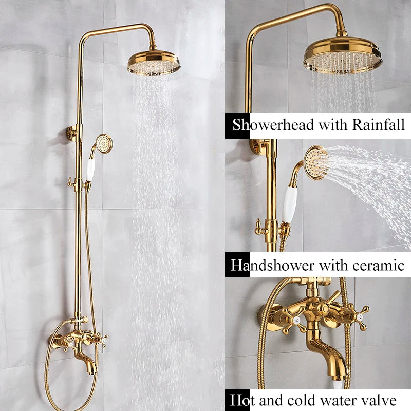 Antique Brass Wall-Mounted Rainfall Shower Set with 8-Inch Shower Head, Handheld & Shelf - Dual Handle Mixer Tap