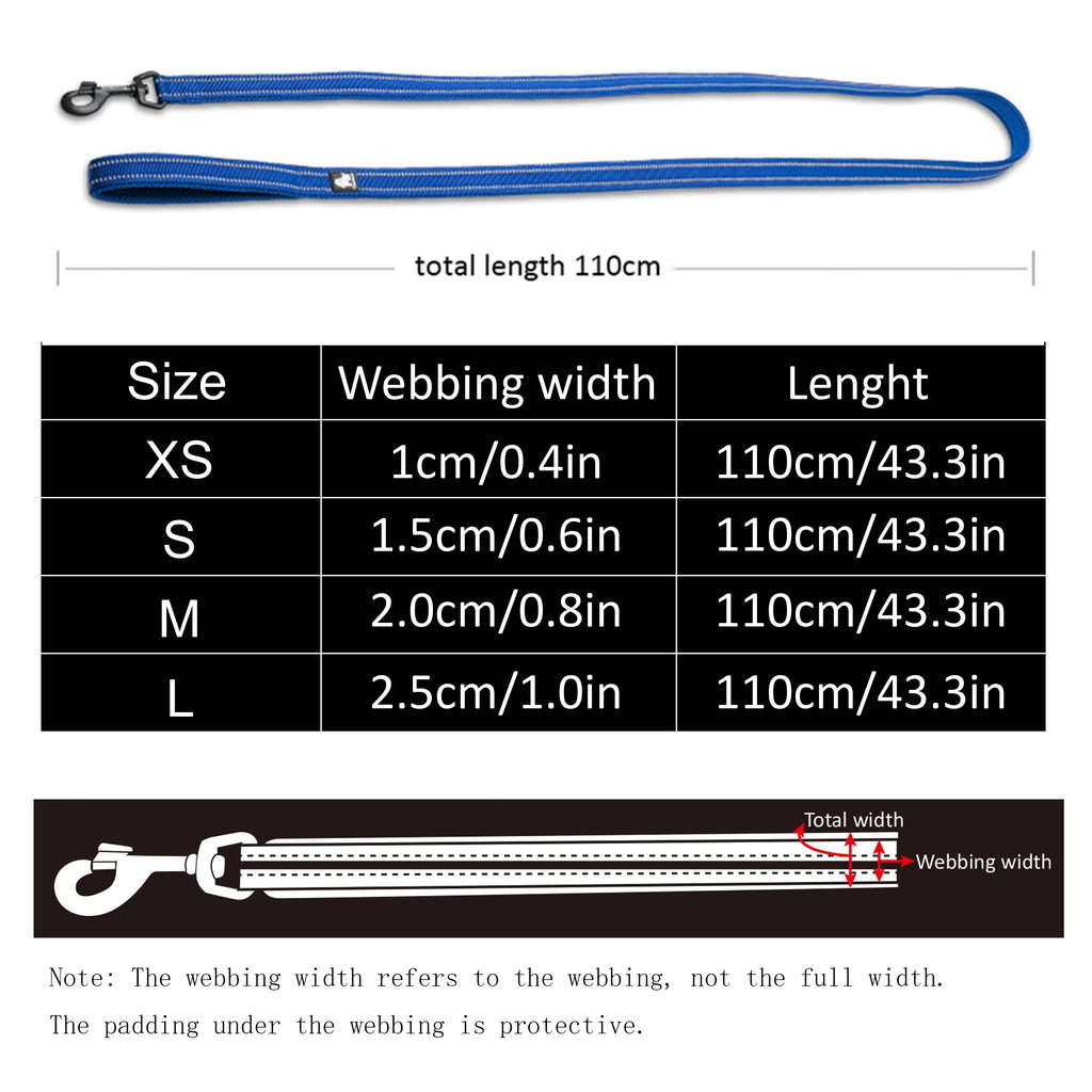 Soft Padded Mesh Reflective Dog Leash for Walking & Training — 110 cm (43.3 in) — 11 Colors