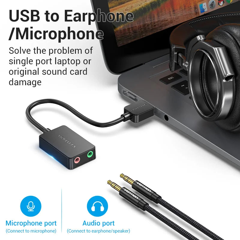 USB External Sound Card Adapter - USB to 3.5mm Audio Interface for PC, Laptop, PS4 Headset & Microphone