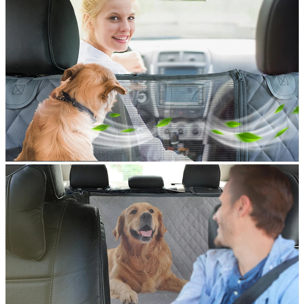 Waterproof Dog Car Seat Cover Hammock — Rear Back Seat Protector with Mesh Window, Non-Slip & Seat Belt Openings — Standard (56.3x59.8 in / 143x152 cm) & X-Large (60.2x63.8 in / 153x162 cm)