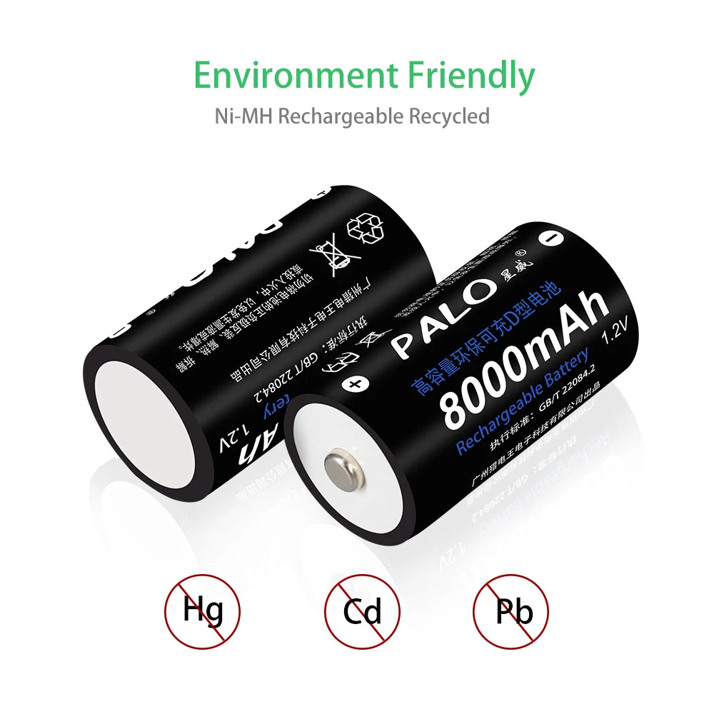 Rechargeable D Size Battery 1.2V Ni-MH 8000mAh 1-8 Pack (LR20/R20)