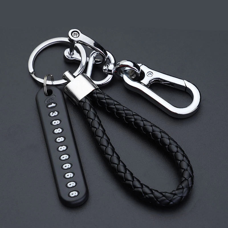 Braided Leather Car Keychain with Phone Number Card Holder, Anti-Lost Auto Key Ring with Lobster Clasp