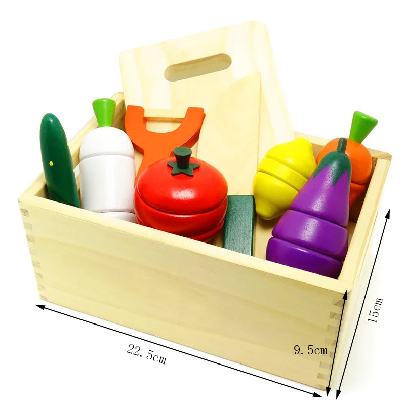 Wooden Pretend Play Kitchen Cutting Fruit and Vegetable Set – Montessori Educational Toy for Kids