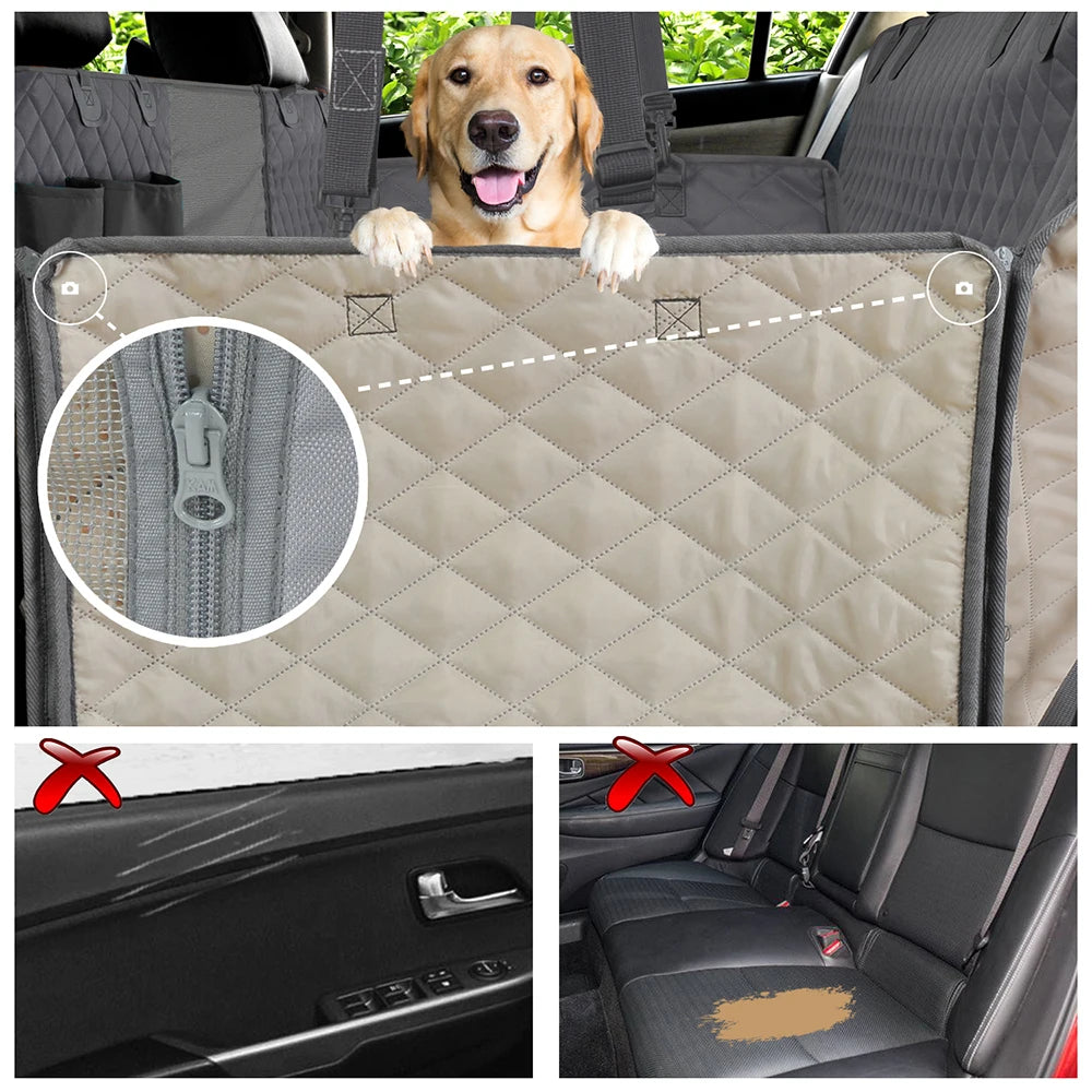 Waterproof Dog Car Seat Cover Hammock — Rear Back Seat Protector with Mesh Window, Non-Slip & Seat Belt Openings — Standard (56.3x59.8 in / 143x152 cm) & X-Large (60.2x63.8 in / 153x162 cm)