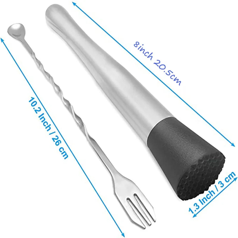8-Inch (20 cm) Stainless Steel Cocktail Muddler & Twisted Bar Spoon – Dual-Head Bar Tool Set