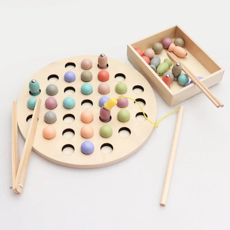 Montessori Wooden Math Toy - Magnetic Fish Puzzle & Bead Counting Clip for Kids