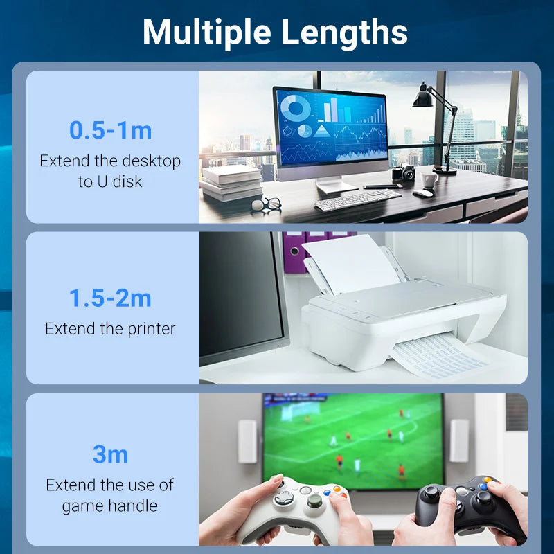 USB 3.0 Extension Cable Male to Female — 5Gbps USB 2.0/3.0 Extender Cord, Multiple Lengths 0.5–3m (1.6–9.8ft) for PC, TV, Xbox, Printer, SSD