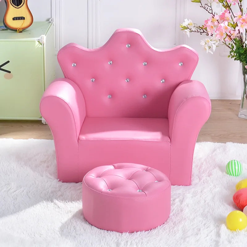 Kids Crown Armchair & Footstool - Korean Style Children's Sofa, Solid Wood Frame, 58 x 40.5 x 48 cm (22.8 x 15.9 x 18.9 in)