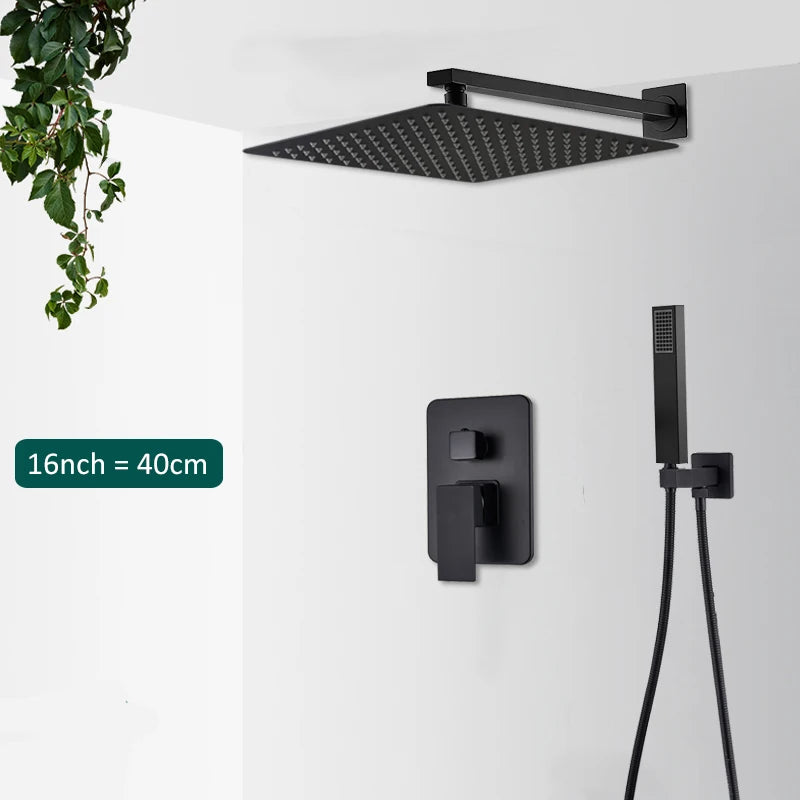 Matte Black Concealed In-Wall Rainfall Shower System with Tub Spout - Wall-Mount Mixer Faucet Set