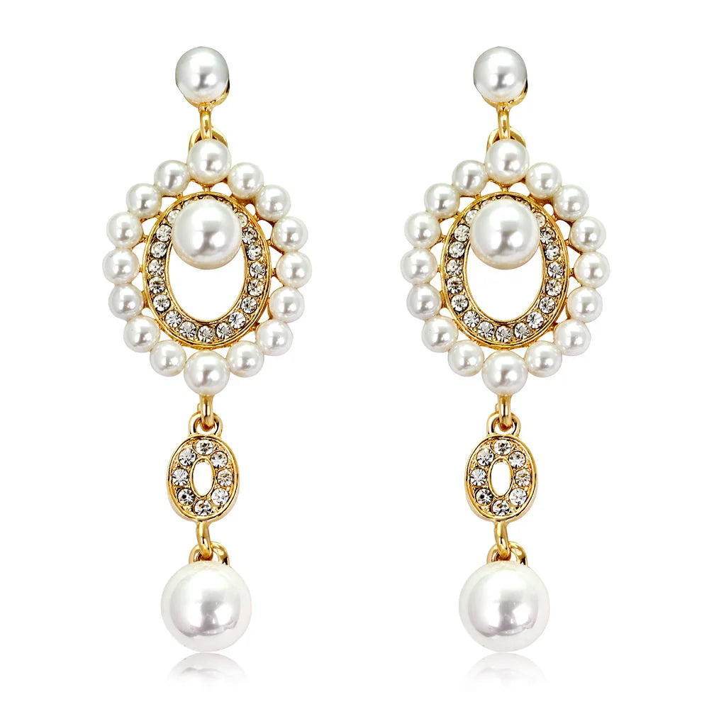 Gold Bridal Drop Earrings with Simulated Pearls & Crystal Rhinestones — 6 cm (2.36 in) Dangle Statement Earrings for Wedding & Bridesmaids