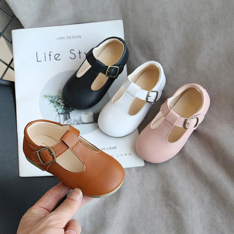 Spring and Autumn Kids T-Strap PU Leather Mary Jane Shoes Non-Slip Buckle Flats for Toddlers Girls and Boys