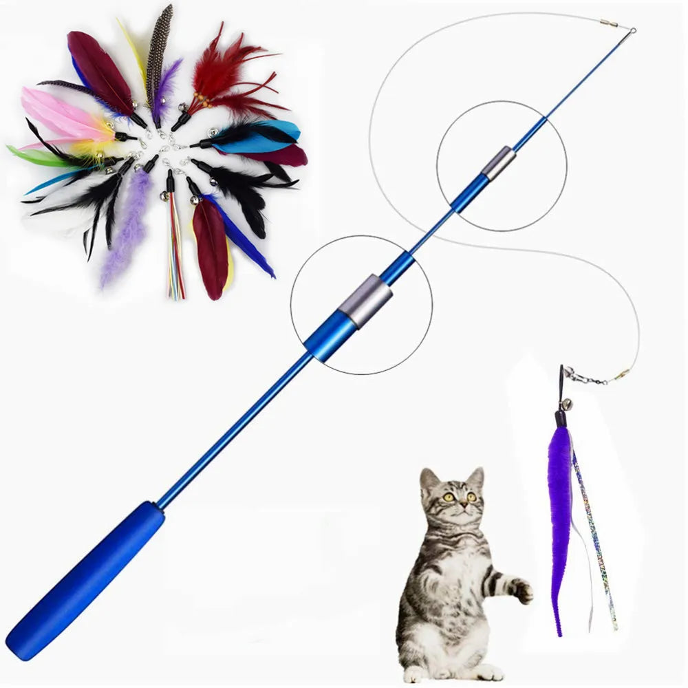 Interactive Cat Feather Teaser Wand - Retractable 15-38 in (37-100 cm) with 5 Refill Heads & Bell