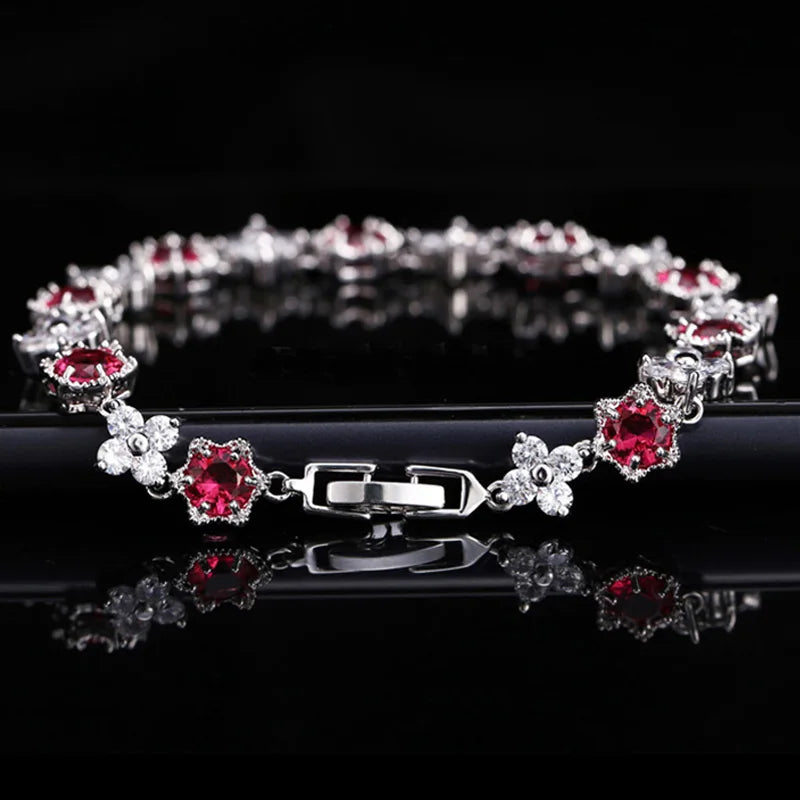 White Gold Color Cluster Flower CZ Bracelet for Women — Royal Blue & White Cubic Zirconia, 17.5 cm (6.9 in)