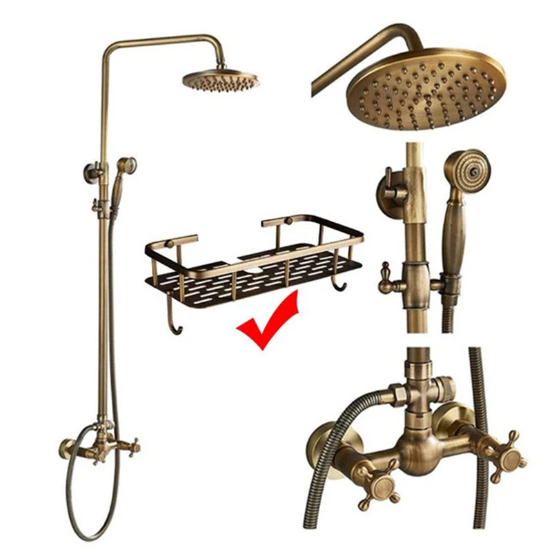 Antique Brass Wall-Mount Shower System with 8-inch (20 cm) Rainfall Head & Hand Shower, Adjustable 27.5–47.2 in (70–120 cm)
