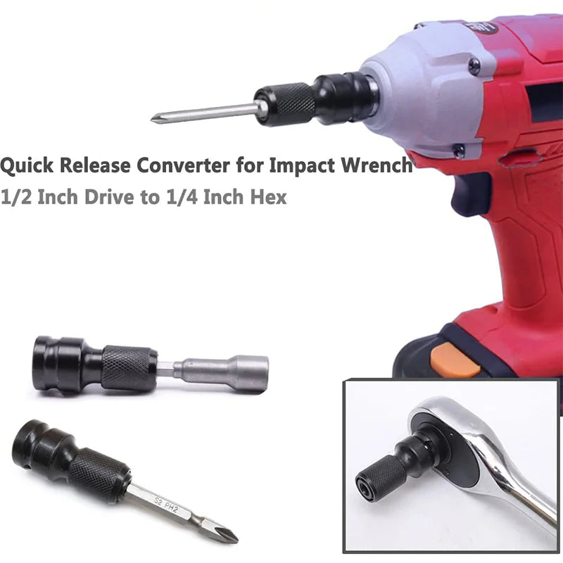 Quick-Release 1/2-Inch (12.7 mm) Square-to-1/4-Inch (6.35 mm) Hex Socket Adapter for Impact & Ratchet Wrenches