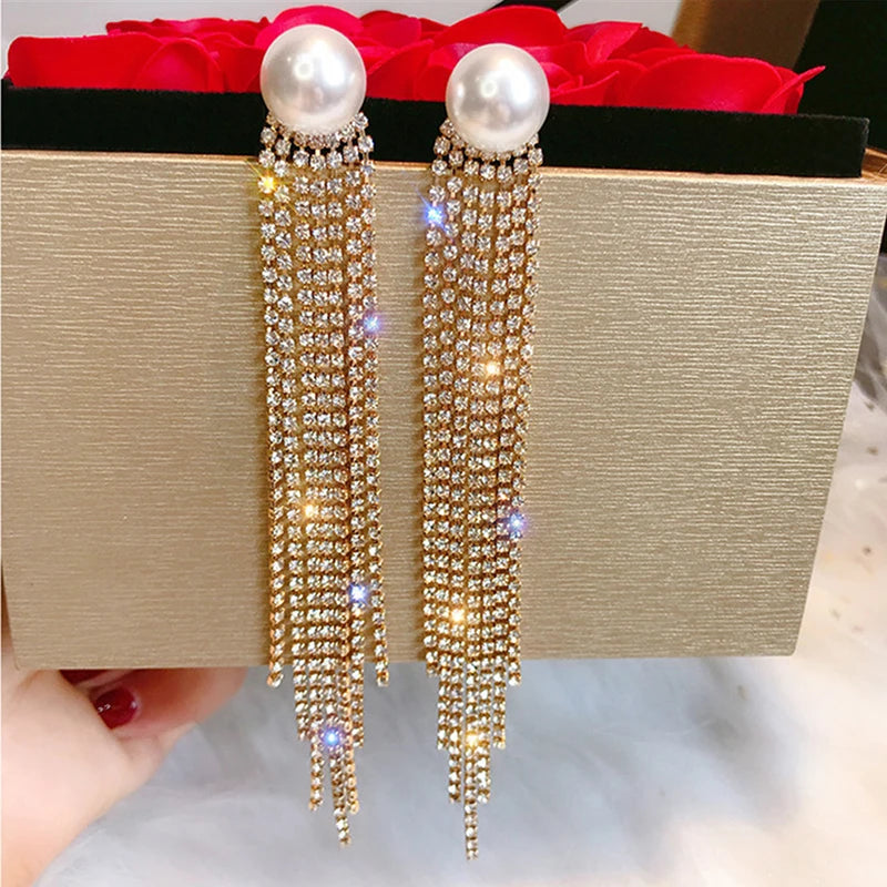 Gold Bridal Drop Earrings with Simulated Pearls & Crystal Rhinestones — 6 cm (2.36 in) Dangle Statement Earrings for Wedding & Bridesmaids