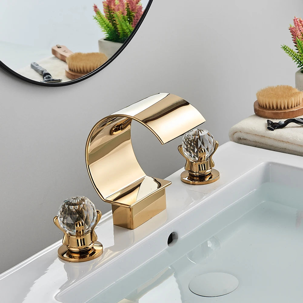 Golden Waterfall Widespread Bathroom Faucet - Dual Crystal Handles, Deck-Mounted Basin Mixer
