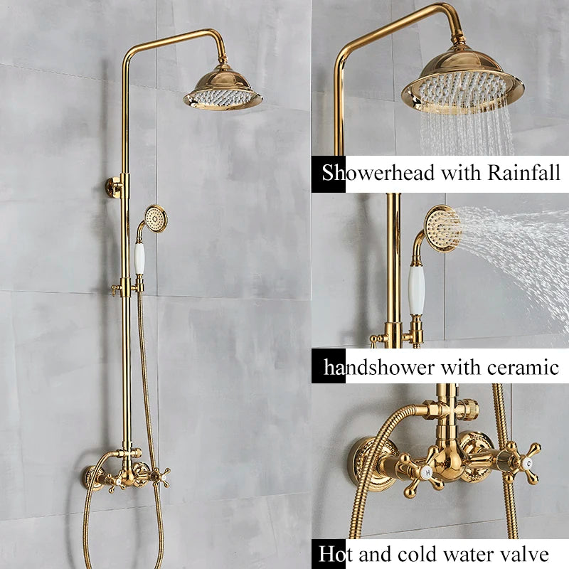 Antique Brass Wall-Mounted Rainfall Shower Set with 8-Inch Shower Head, Handheld & Shelf - Dual Handle Mixer Tap