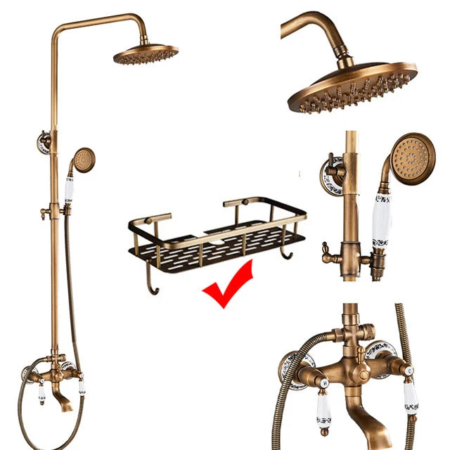 Antique Brass Wall-Mount Shower System with 8-inch (20 cm) Rainfall Head & Hand Shower, Adjustable 27.5–47.2 in (70–120 cm)