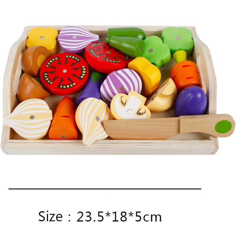 Wooden Pretend Play Kitchen Cutting Fruit and Vegetable Set – Montessori Educational Toy for Kids