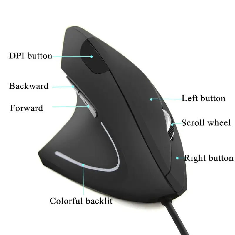 Wired Vertical Ergonomic Mouse — Left & Right Hand, 800–1600 DPI USB Optical for PC & Laptop