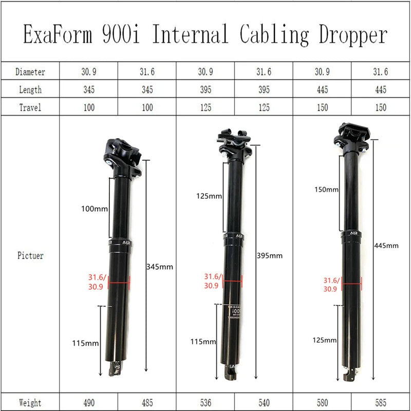 Adjustable Internal-Cable Dropper Seatpost 30.9/31.6 x 395mm (15.6 in) Alloy Mountain Bike Seatpost