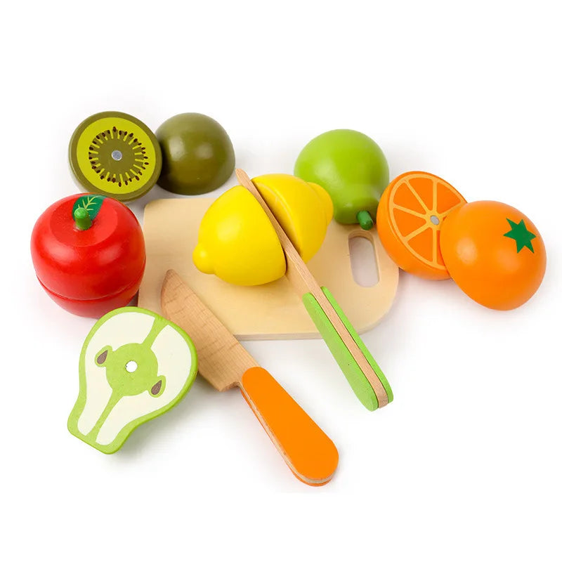 Wooden Pretend Play Kitchen Cutting Fruit and Vegetable Set – Montessori Educational Toy for Kids