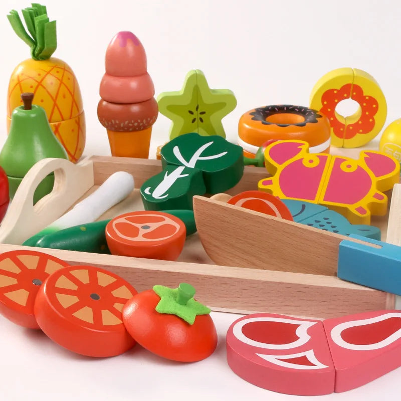 Wooden Pretend Play Kitchen Cutting Fruit and Vegetable Set – Montessori Educational Toy for Kids