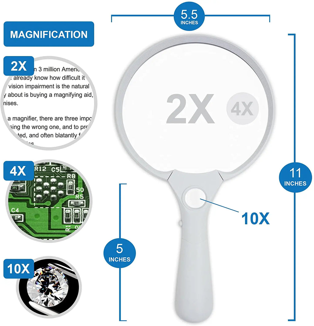 Extra Large LED Handheld Magnifier 5.5 in (138 mm) 2X/4X/10X Illuminated Reading & Jewelry Loupe