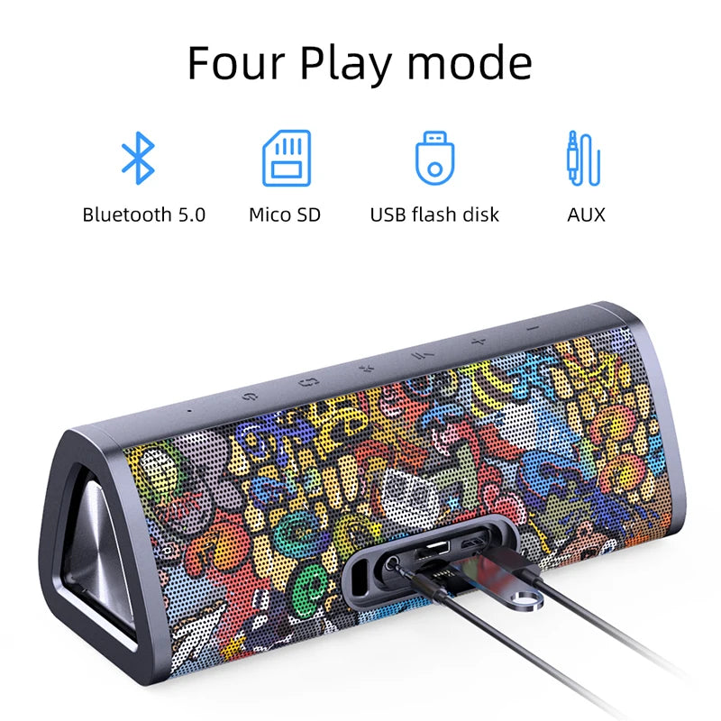 Portable Bluetooth Speaker 20W 360° Stereo IPX7 Waterproof Bluetooth 5.0 — Graffiti Design, MicroSD & AUX, Hands-Free Calls
