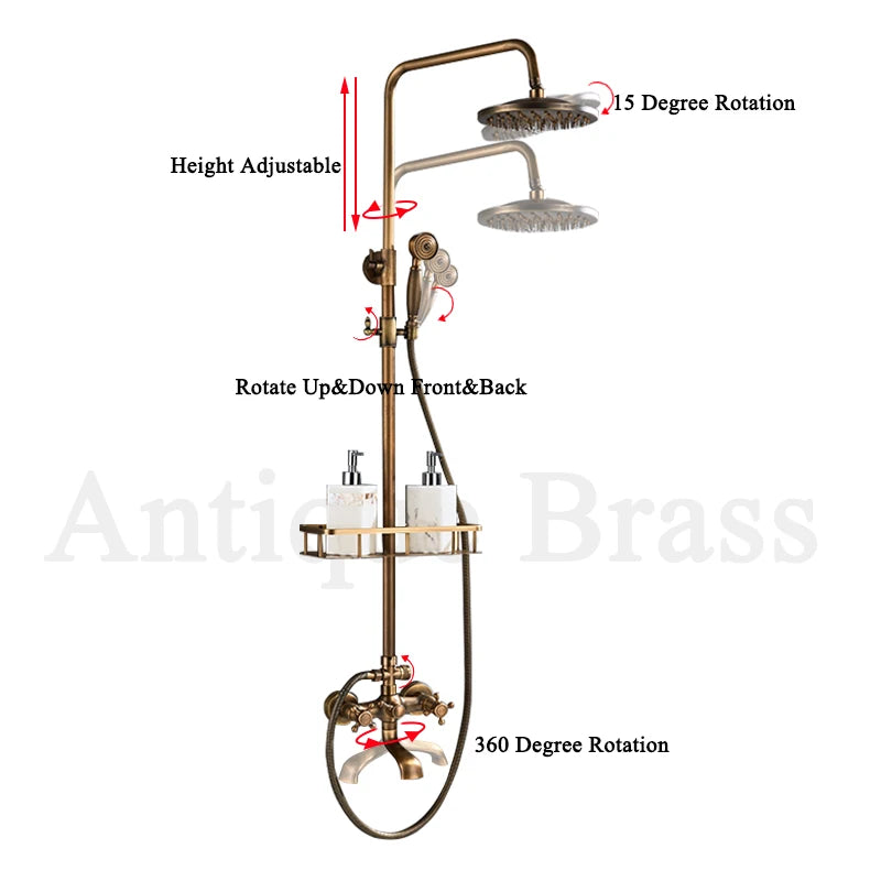 Antique Brass Wall-Mount Shower System with 8-inch (20 cm) Rainfall Head & Hand Shower, Adjustable 27.5–47.2 in (70–120 cm)