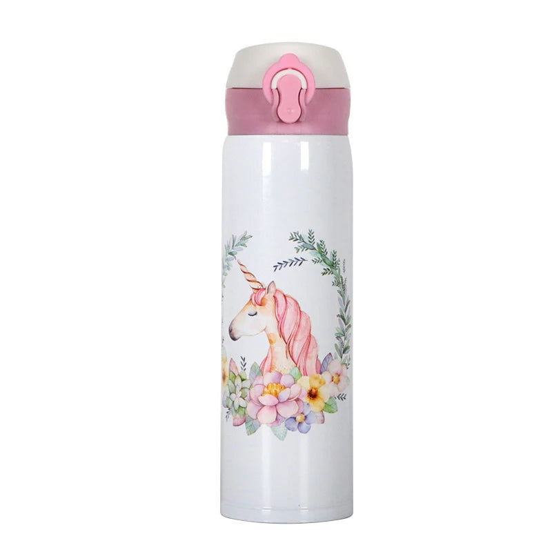 Unicorn Stainless Steel Insulated Thermos Bottle 500ml (16.9 fl oz) – Kids Bouncing Lid Water Bottle for Girls, Portable Travel Mug