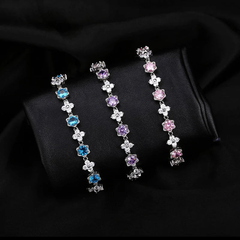 White Gold Color Cluster Flower CZ Bracelet for Women — Royal Blue & White Cubic Zirconia, 17.5 cm (6.9 in)