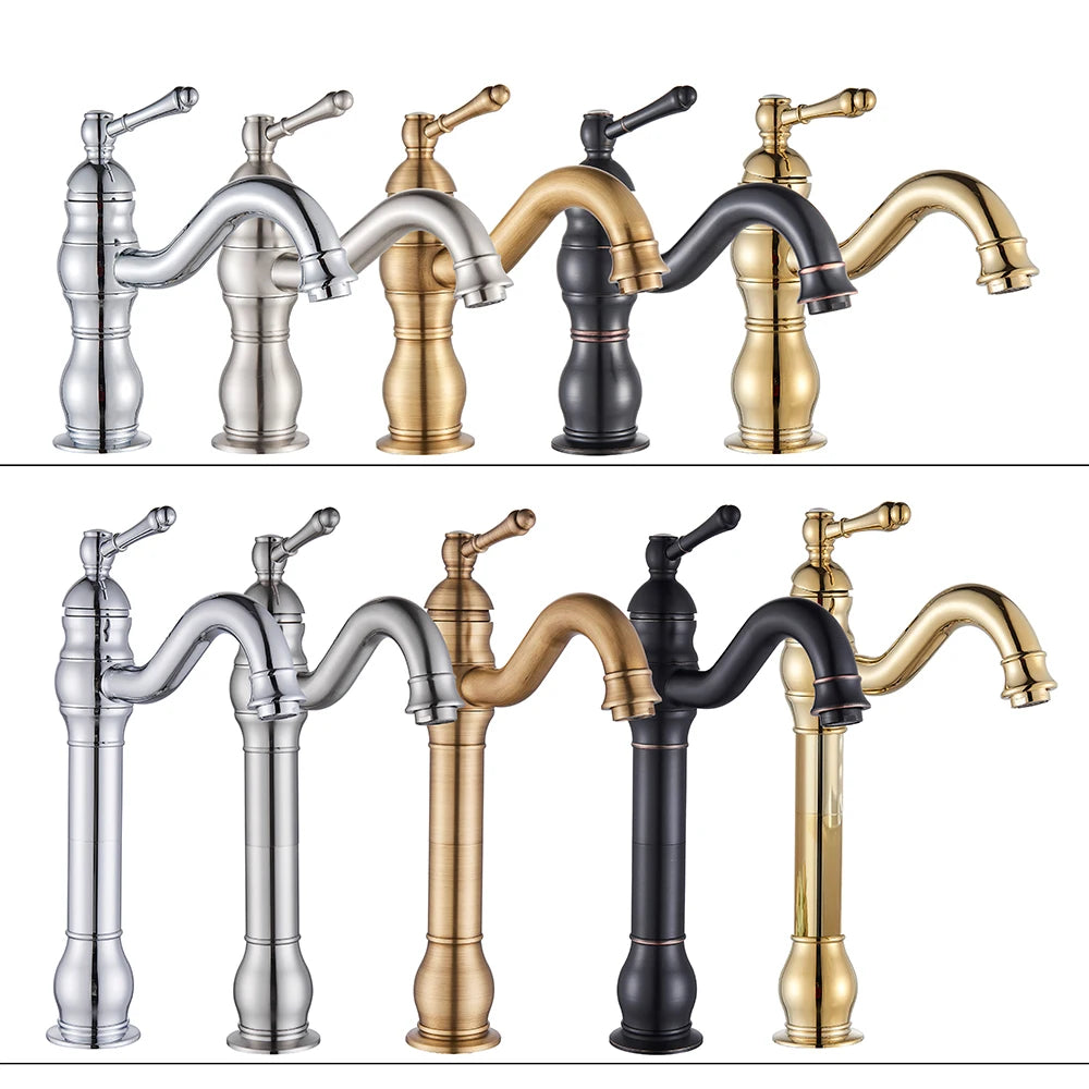 Antique Brass Vessel Sink Faucet Deck-Mounted Single-Hole Bathroom Basin Mixer Tap, Single Handle, Hot & Cold