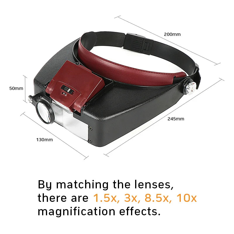 LED Head Magnifier 1.5x–10x Adjustable Headband Magnifying Glass for Watch Repair, Jewelry, Reading & Crafts