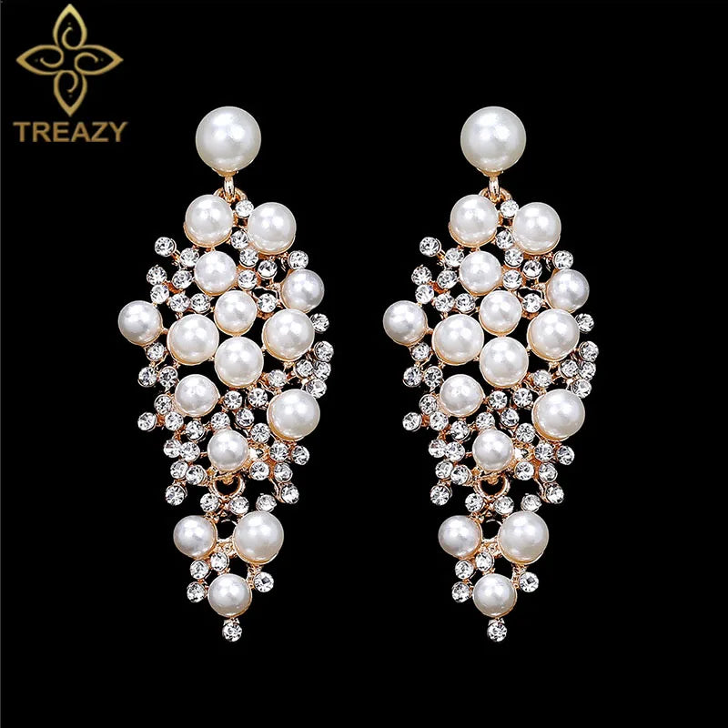 Gold Bridal Drop Earrings with Simulated Pearls & Crystal Rhinestones — 6 cm (2.36 in) Dangle Statement Earrings for Wedding & Bridesmaids