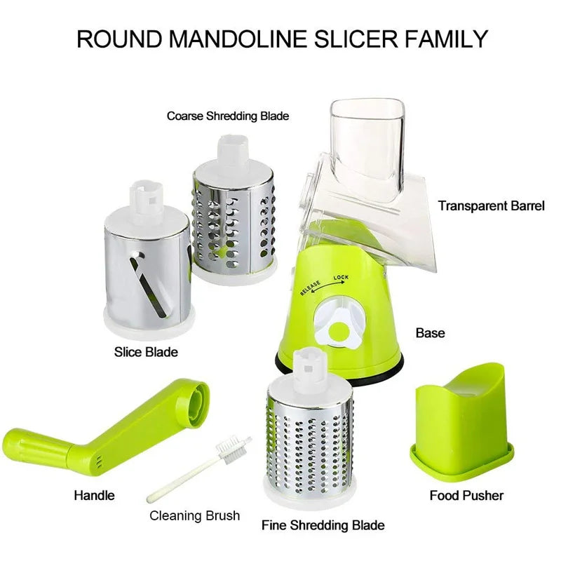 Manual Rotary Vegetable Slicer & Cheese Grater with 3 Stainless Steel Drums - Handheld Vegetable Chopper