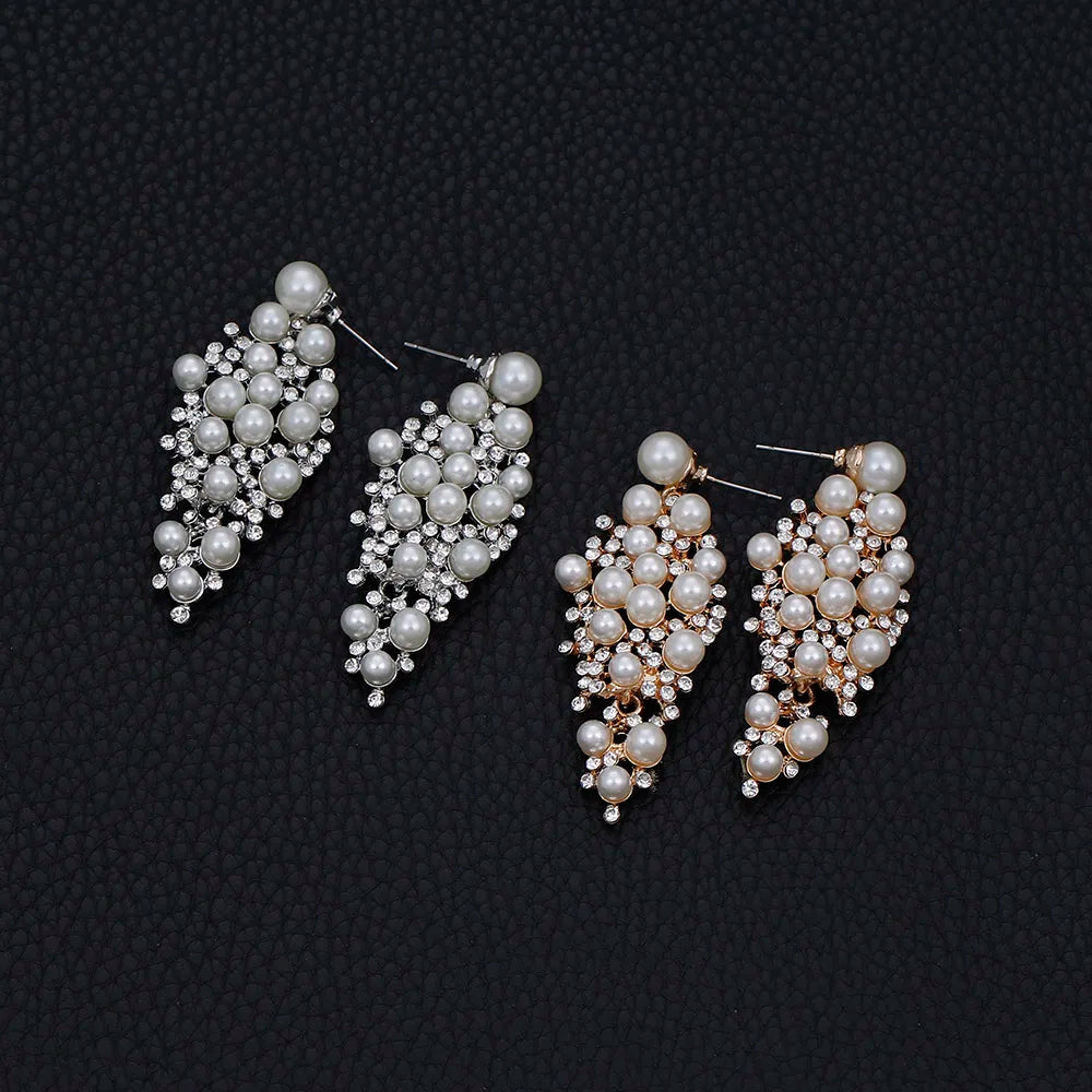 Gold Bridal Drop Earrings with Simulated Pearls & Crystal Rhinestones — 6 cm (2.36 in) Dangle Statement Earrings for Wedding & Bridesmaids