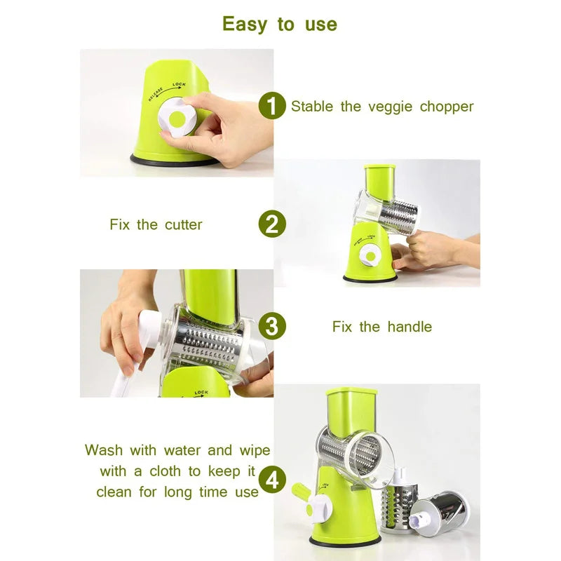 Manual Rotary Vegetable Slicer & Cheese Grater with 3 Stainless Steel Drums - Handheld Vegetable Chopper