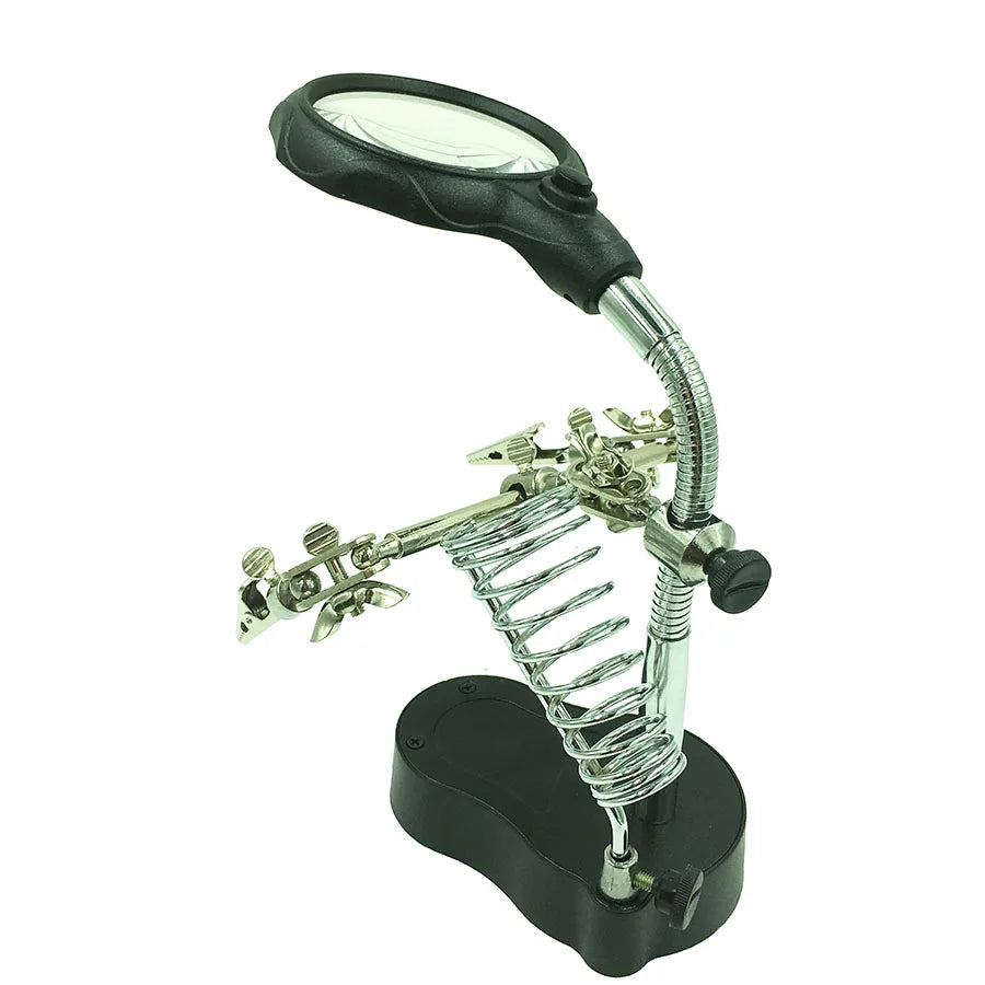 Adjustable Third Hand Soldering Stand with LED Magnifying Glass and Clamps — Desktop Helping Hand for Electronics Repair