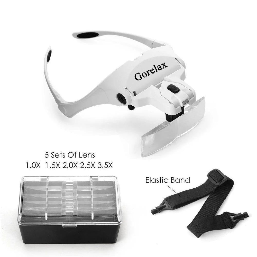 LED Headband Magnifier Glasses with 5 Interchangeable Lenses 1.0X–3.5X – Flip-Up Loupe for Jewelry Repair, Reading & Crafts