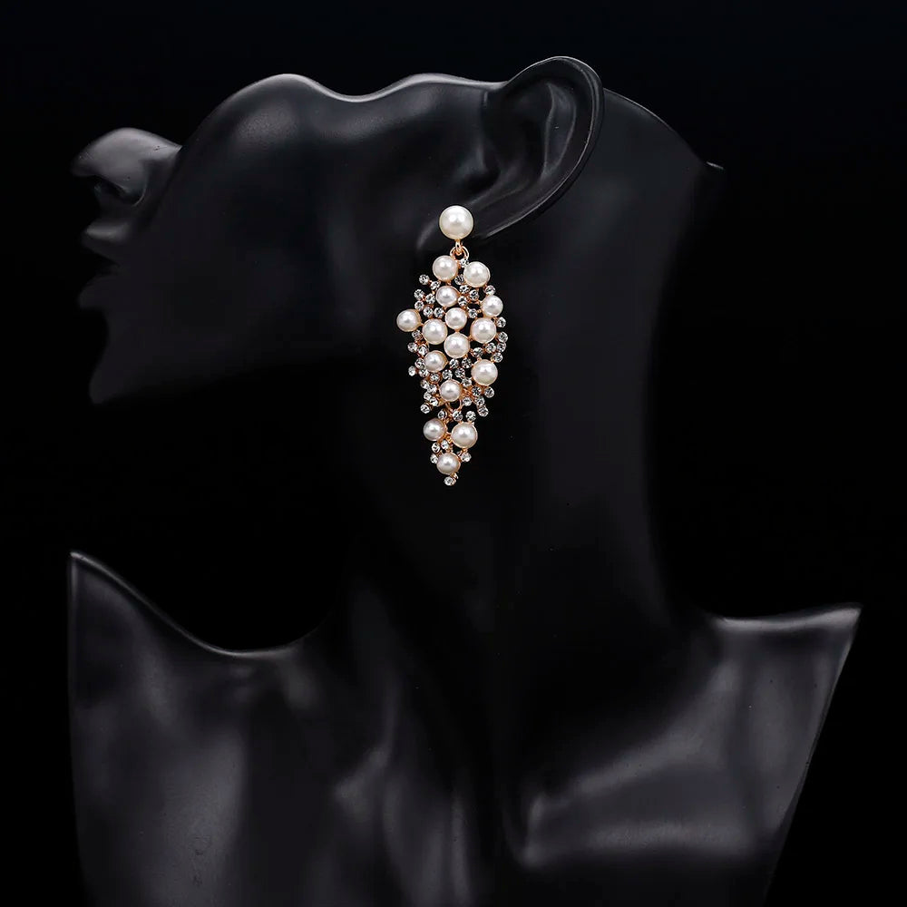 Gold Bridal Drop Earrings with Simulated Pearls & Crystal Rhinestones — 6 cm (2.36 in) Dangle Statement Earrings for Wedding & Bridesmaids