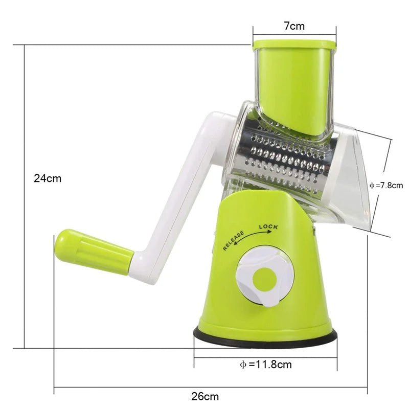 Manual Rotary Vegetable Slicer & Cheese Grater with 3 Stainless Steel Drums - Handheld Vegetable Chopper
