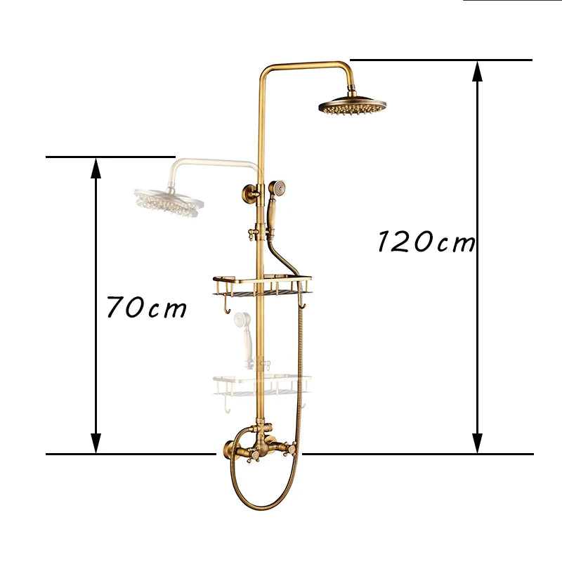 Antique Brass Wall-Mounted Rainfall Shower Set with 8-Inch Shower Head, Handheld & Shelf - Dual Handle Mixer Tap