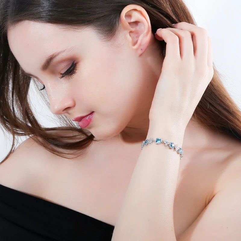White Gold Color Cluster Flower CZ Bracelet for Women — Royal Blue & White Cubic Zirconia, 17.5 cm (6.9 in)