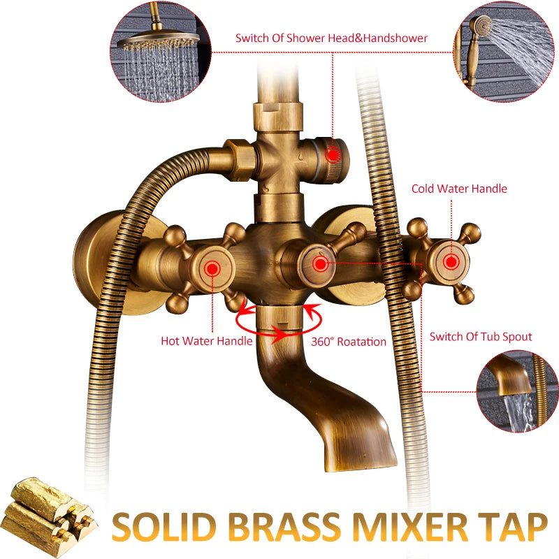 Antique Brass Wall-Mounted Rainfall Shower Set with 8-Inch Shower Head, Handheld & Shelf - Dual Handle Mixer Tap